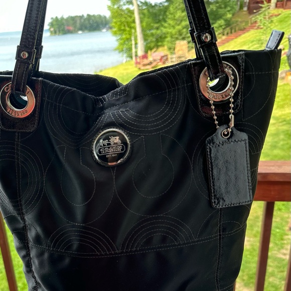 Coach black sateen cloth tote , patent leather trim. - Picture 2 of 12